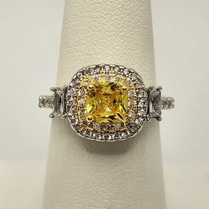 Silvertone Yellow And Clear CZ Cubic Zirconia Double Halo Ring Size 6 BR…